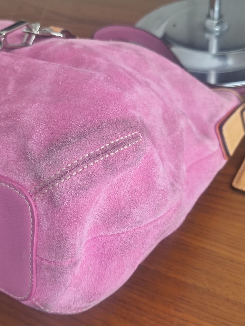 Coach Pink Suede Shoulder Bag with Tan Leather Trim - Picture 8 of 15